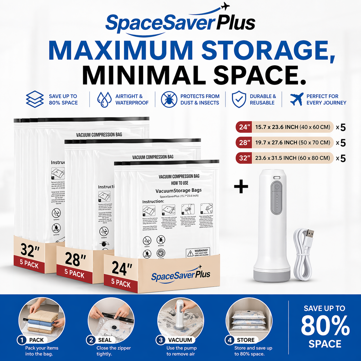 SpaceSaverPlus™ Cordless Travel Vacuum Pump & Compression Bag System – Pack 80% More, Travel Smarter