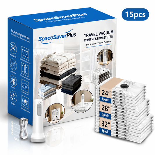 SpaceSaverPlus™ Cordless Travel Vacuum Pump & Compression Bag System – Pack 80% More, Travel Smarter