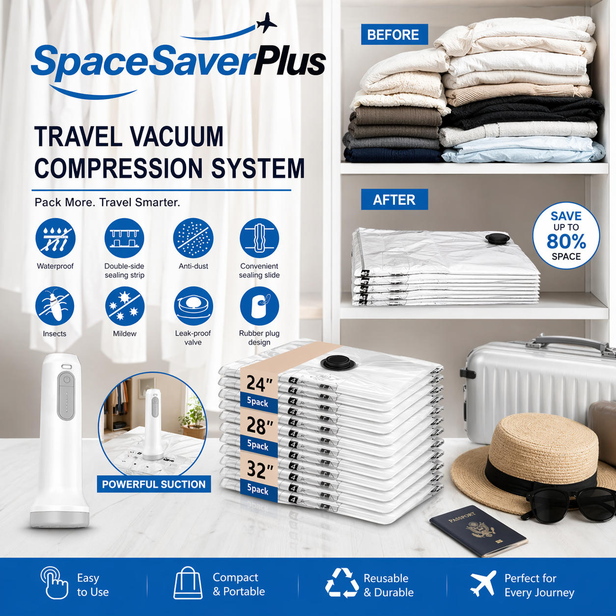SpaceSaverPlus™ Cordless Travel Vacuum Pump & Compression Bag System – Pack 80% More, Travel Smarter