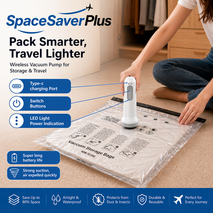 SpaceSaverPlus™ Cordless Travel Vacuum Pump & Compression Bag System – Pack 80% More, Travel Smarter