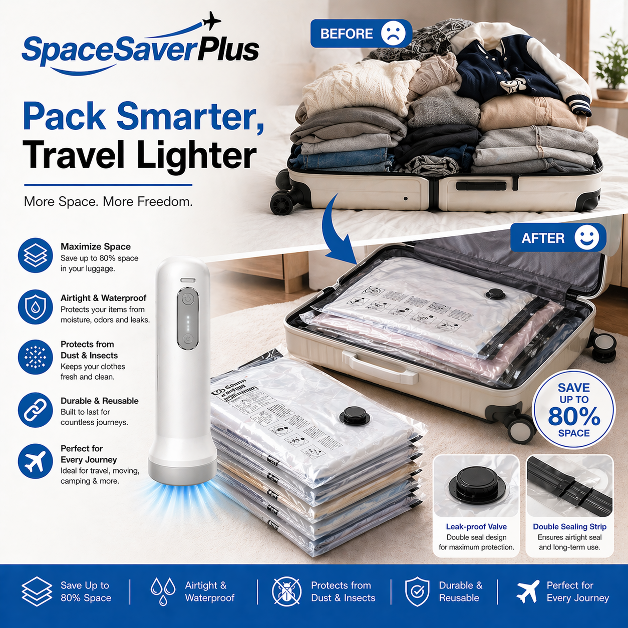 SpaceSaverPlus™ Cordless Travel Vacuum Pump & Compression Bag System – Pack 80% More, Travel Smarter