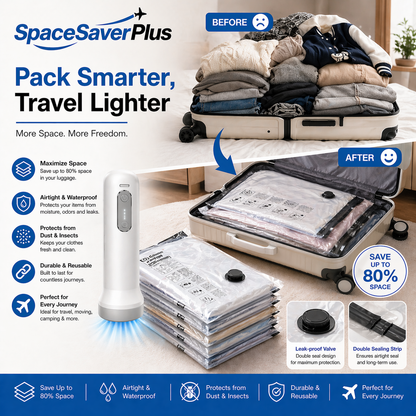 SpaceSaverPlus™ Cordless Travel Vacuum Pump & Compression Bag System – Pack 80% More, Travel Smarter