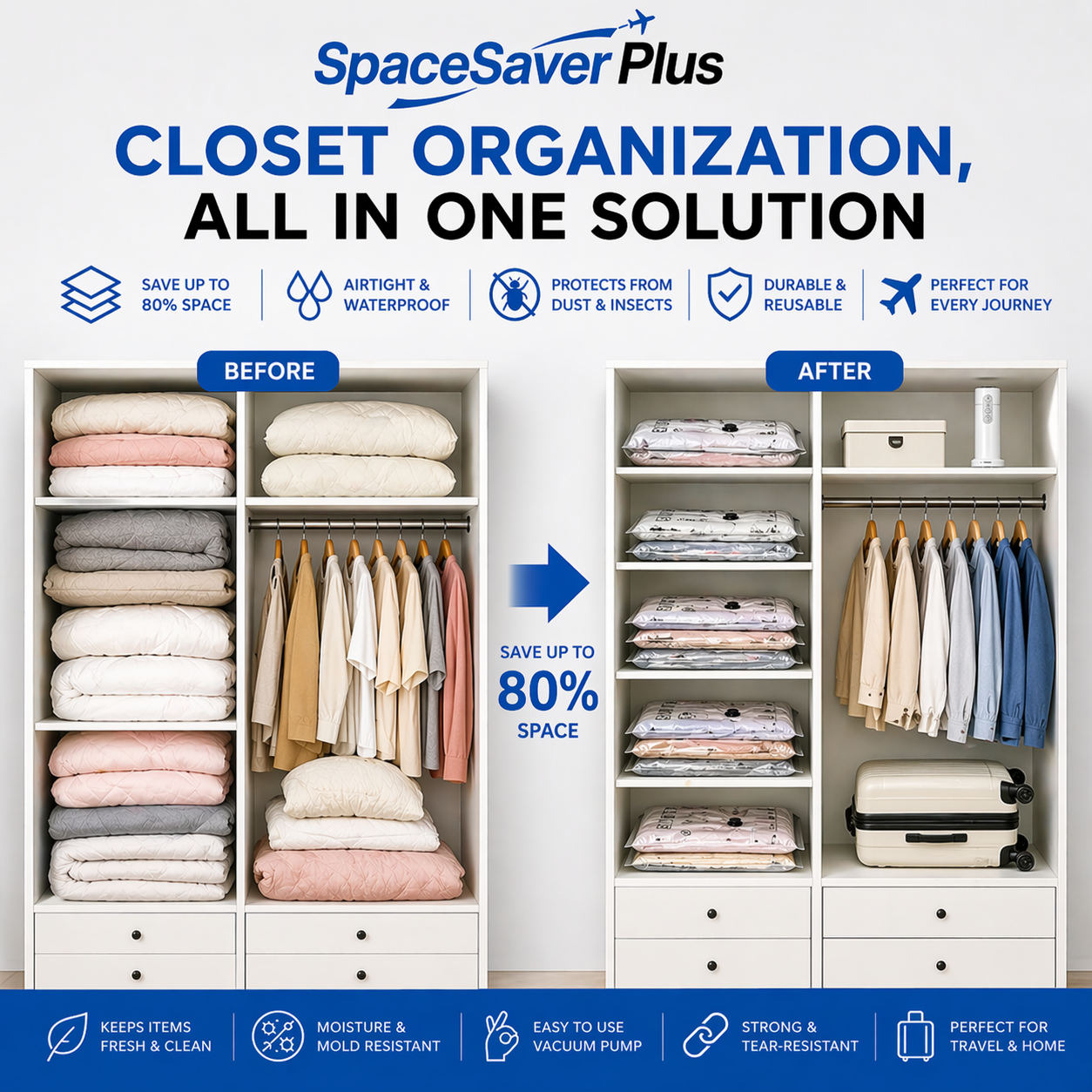 SpaceSaverPlus™ Cordless Travel Vacuum Pump & Compression Bag System – Pack 80% More, Travel Smarter